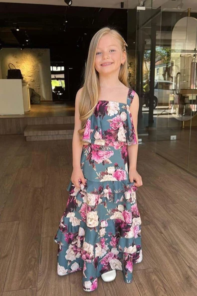 Kız Çocuk Çiçek Desenli Crop ve Katkat Fırfır Detaylı Yeşil Etekli Takım - Resim 5