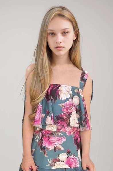 Kız Çocuk Çiçek Desenli Crop ve Katkat Fırfır Detaylı Yeşil Etekli Takım - Resim 2