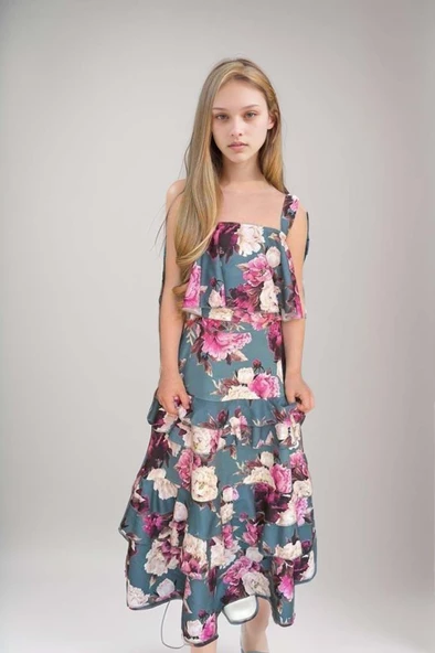 Kız Çocuk Çiçek Desenli Crop ve Katkat Fırfır Detaylı Yeşil Etekli Takım ürün görseli