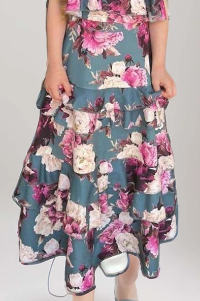 Kız Çocuk Çiçek Desenli Crop ve Katkat Fırfır Detaylı Yeşil Etekli Takım - Resim 3