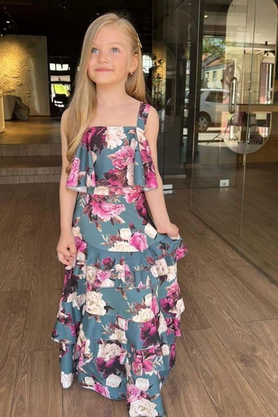 Kız Çocuk Çiçek Desenli Crop ve Katkat Fırfır Detaylı Yeşil Etekli Takım - Resim 4