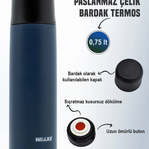 Premium 750 ml Çift Katmanlı Paslanmaz Bardaklı Çelik Termos Lacivert