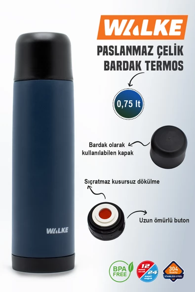 Premium 750 ml Çift Katmanlı Paslanmaz Bardaklı Çelik Termos Lacivert