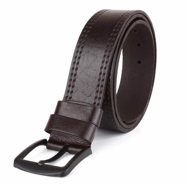 Hakiki Deri Erkek Kemer 4,5 cm Dikiş Desenli Kahverengi - Resim 3