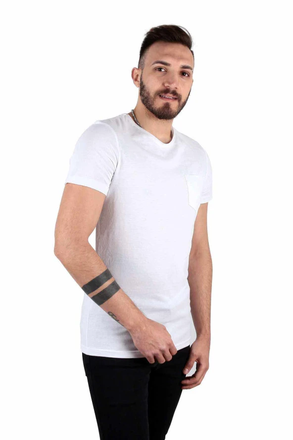 Five Pocket Erkek Bisiket Yaka Cepli Tişört Oversize Beyaz - Resim 2