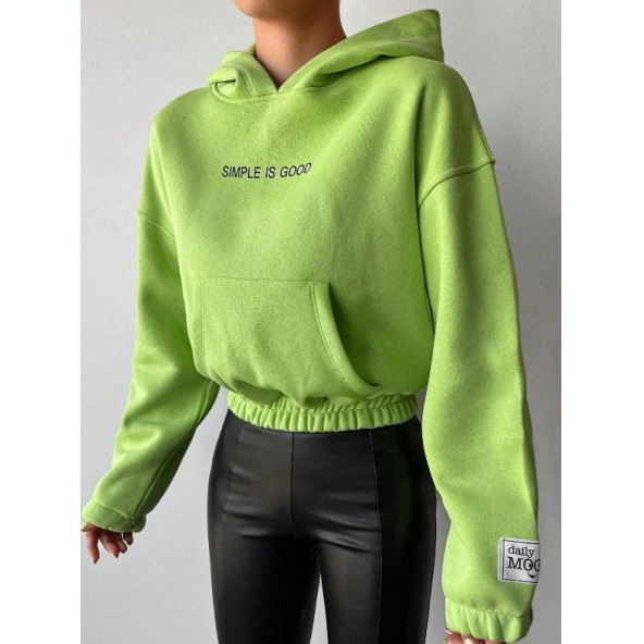 Crop Kapüşonlu Cepli Sweatshirt Neon Yeşil