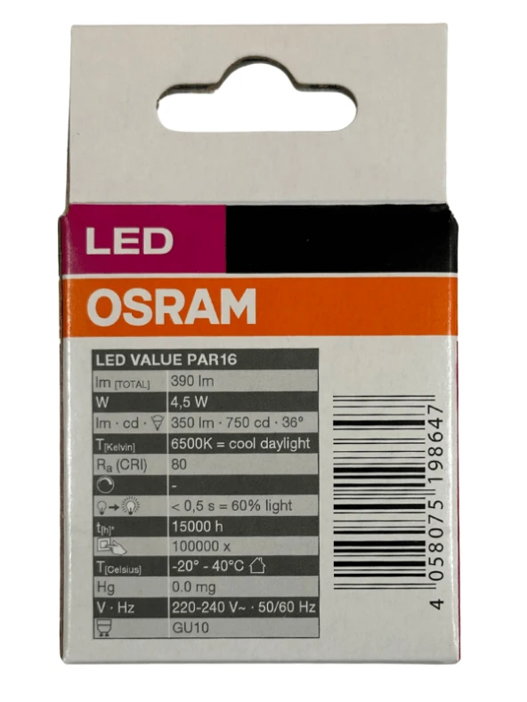Osram Par16 4.5W (50W) 6500K (Beyaz Işık) GU10 Duylu Led Spot (2 Adet) - Resim 4