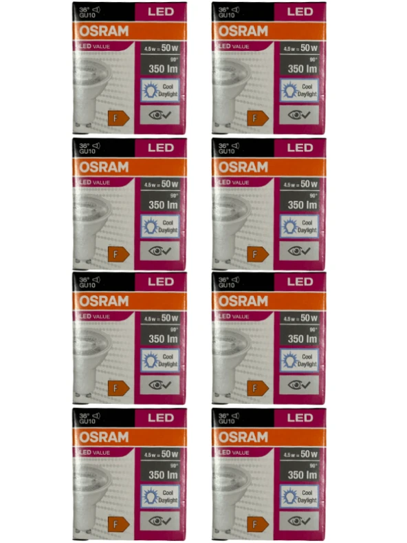 Osram Par16 4.5W (50W) 6500K (Beyaz Işık) GU10 Duylu Led Spot (8 Adet)