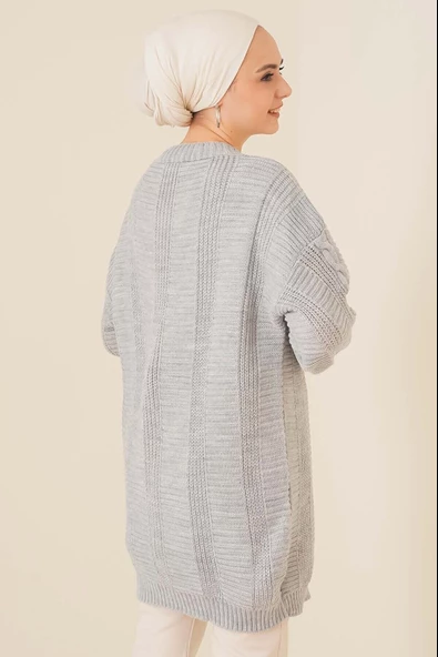 Lugmo Kadın Triko Hırka Akrilik iplik 80 cm Saç Örgülü Gri - 3