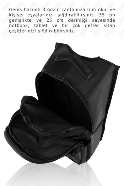 Üç Gözlü İçi Astarlı Pedli Okul Çantası Ortaokul Lise Çantası Armalı Siyah - 5