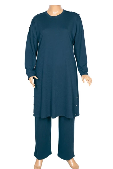 Hesna Kadın Benan Fitili Düğmeli Spor Petrol Tunik Pantolon Takım ürün görseli 1