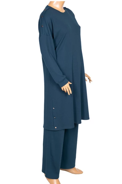 Hesna Kadın Benan Fitili Düğmeli Spor Petrol Tunik Pantolon Takım - Resim 2