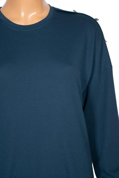 Hesna Kadın Benan Fitili Düğmeli Spor Petrol Tunik Pantolon Takım - Resim 3