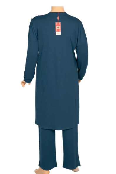 Hesna Kadın Benan Fitili Düğmeli Spor Petrol Tunik Pantolon Takım - Resim 4