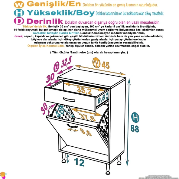 Modilayn MELİS 45x88x32,5 cm ÇEKMECELİ ÇAMAŞIR SEPETLİ BANYO DOLABI - 3