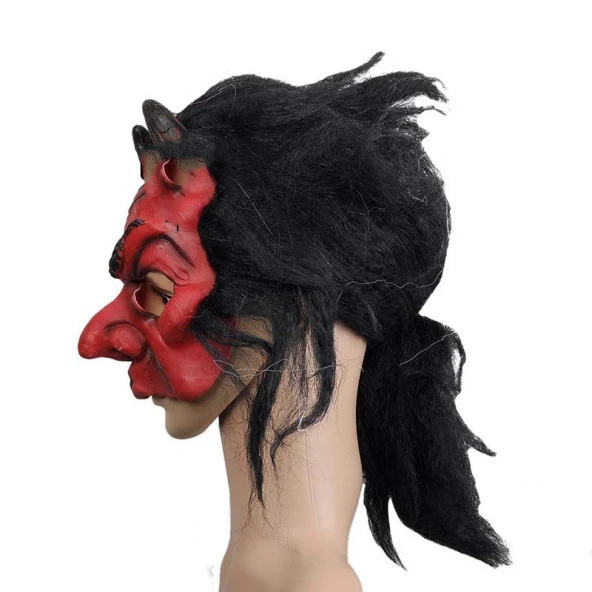 Nessiworld Lateks Korku Maskesi Şeytan Boynuzlu Kırmızı Maske Saçlı