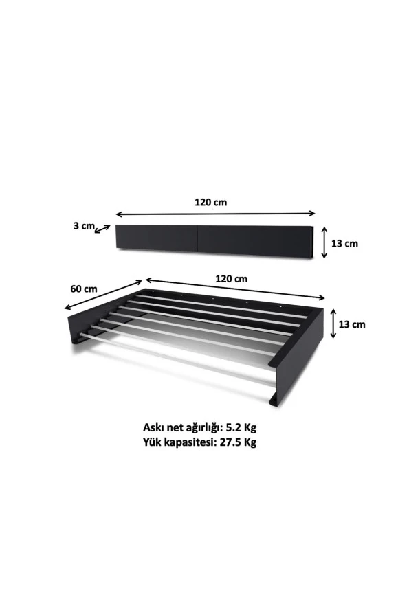 Kurutmalık Çamaşır Askısı - Duvara Monte Çamaşırlık - Patentli Tasarım (ANTRASİT-120CM) - 6