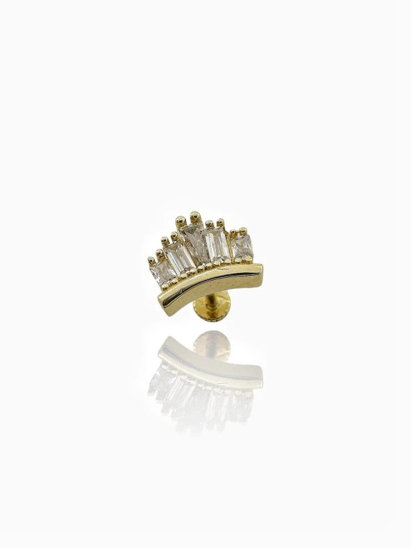 Pırlanta Modeli Kraliçe Tacı Baget Taşlı Tragus Küpe 14 Ayar Altın