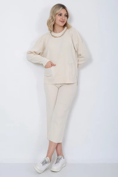 Kadın Triko Zincirli Cepli Kazak Pantolon Takım Oversize Taş - 4