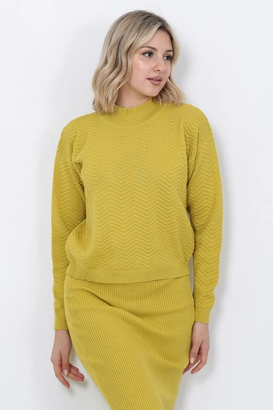 Kadın Triko Zikzak Çizgili Kazak ve Etek Takım Oversize Hardal - 2