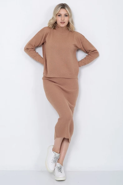 Kadın Triko Zikzak Çizgili Kazak ve Etek Takım Oversize Vizon - 5