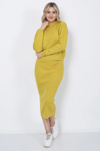 Kadın Triko Zikzak Çizgili Kazak ve Etek Takım Oversize Hardal - 3