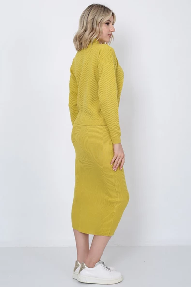 Kadın Triko Zikzak Çizgili Kazak ve Etek Takım Oversize Hardal - 5