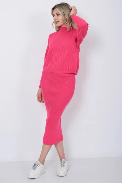 Kadın Triko Zikzak Çizgili Kazak ve Etek Takım Oversize Fujya - 4