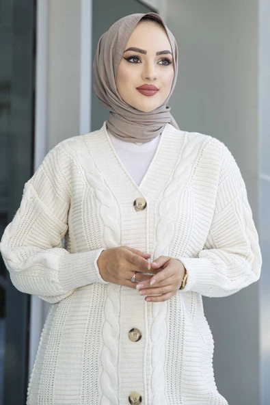 Lugmo Kadın Triko Hırka Akrilik iplik 80 cm Saç Örgülü Ekru - 4