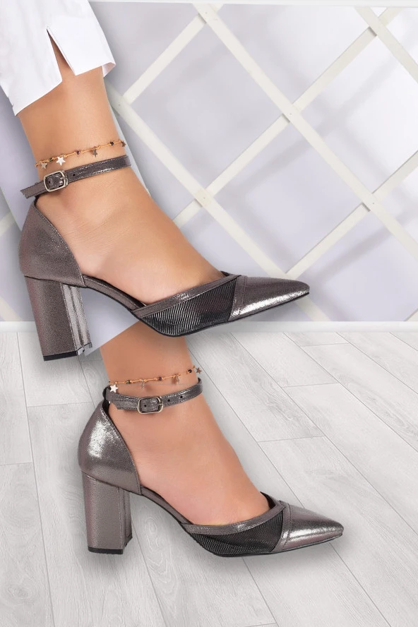 Erkan Saçmacı Diana Platin Kaplama Fileli Kalın Topuklu Ayakkabı