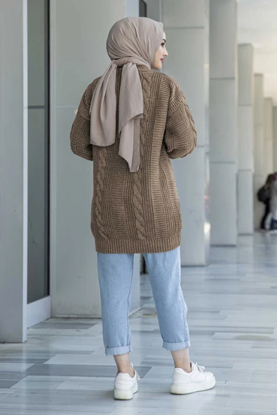 Lugmo Kadın Triko Hırka Akrilik iplik 80 cm Saç Örgülü Vizon - 4