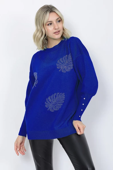 Kadın Triko Kazak Bisiklet Yaka Yaprak Desenli Kolu Taşlı Oversize Saks Mavi - Resim 2