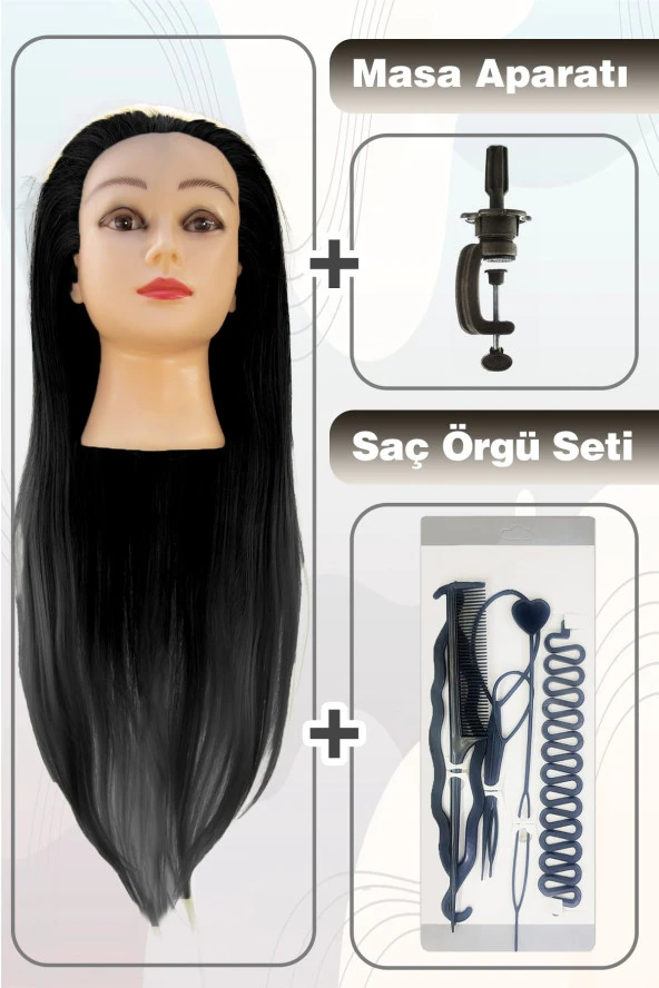 Kuaför Eğitim Mankeni + Masa Aparatı + Saç Örgü Seti - Siyah ürün görseli