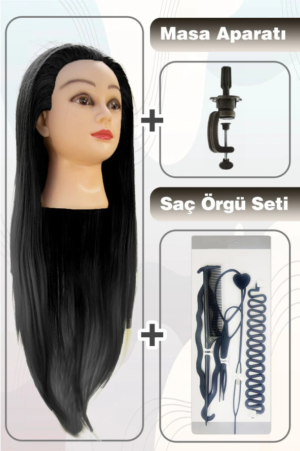 Kuaför Eğitim Mankeni + Masa Aparatı + Saç Örgü Seti - Siyah - Resim 2