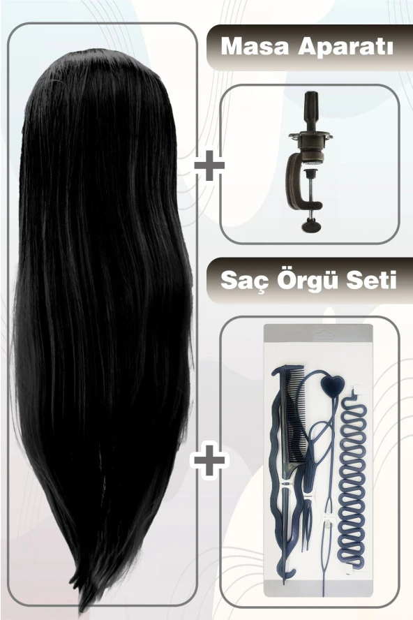 Kuaför Eğitim Mankeni + Masa Aparatı + Saç Örgü Seti - Siyah - Resim 3