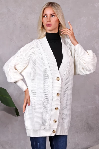 Lugmo Kadın Triko Hırka Akrilik iplik 80 cm Saç Örgülü Ekru (80cm) - Resim 4