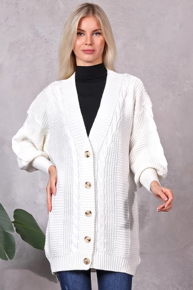 Lugmo Kadın Triko Hırka Akrilik iplik 80 cm Saç Örgülü Ekru (80cm) - Resim 2