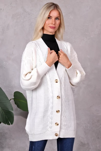 Lugmo Kadın Triko Hırka Akrilik iplik 80 cm Saç Örgülü Ekru (80cm) - Resim 8