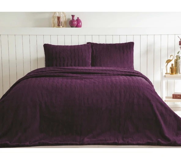 Özdilek Carmen Kürklü Peluş Doku Çift Kişilik Yatak Örtüsü (230x250)-Mürdüm - 2