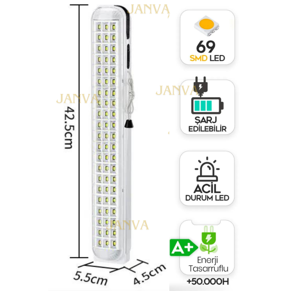 Apartman Acil Durum Lambası Işıldak Fener Isg Koridor Merdiven Işyeri Otomatik Yanan Ipli 69 Led
