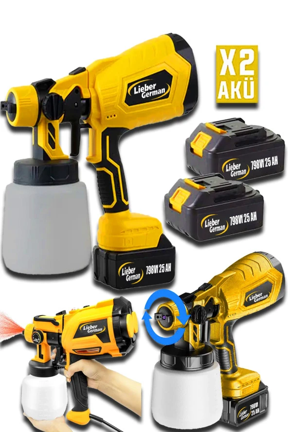 Lieber German Teknoloji 21Volt 3 Ah Yüksek Basınçlı 2X Akülü Sprey Boya Cila Makinesi Tabancası