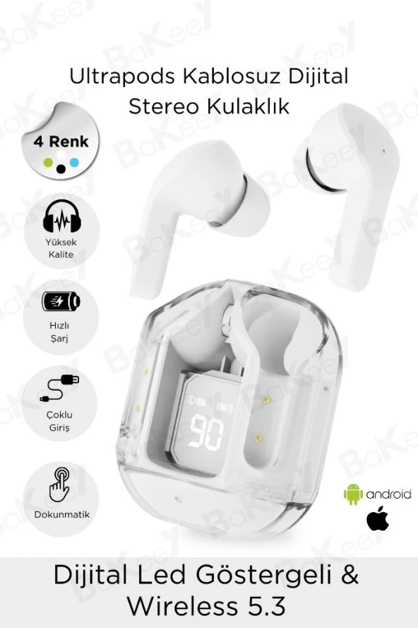 True Wireless Bluetooth Kulaklık Kulakiçi Dijital Göstergeli Android-İphone Uyumlu Kulaklık Beyaz
