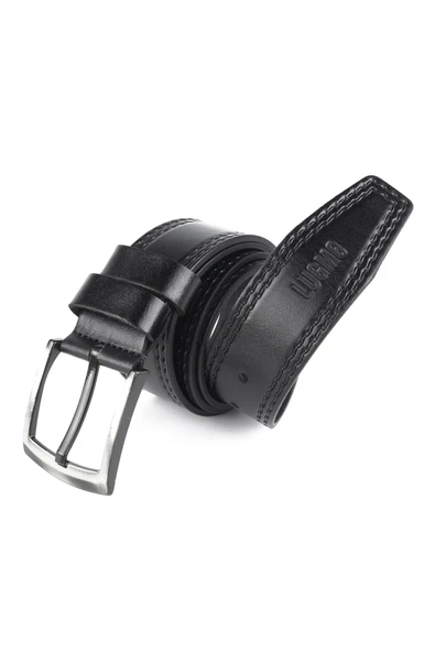 Hakiki Deri Erkek Kemer 4,5 cm Dikiş Desenli Siyah