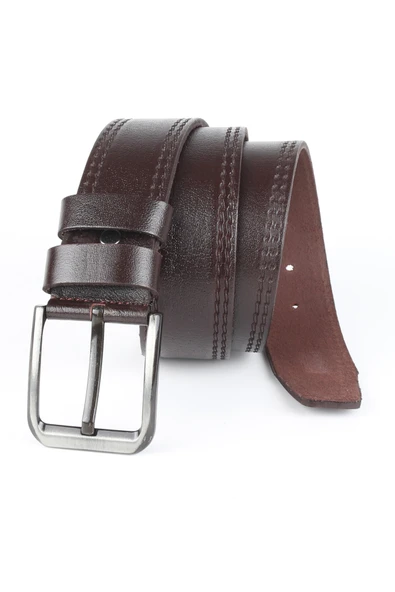 Hakiki Deri Erkek Kemer 4,5 cm Dikiş Desenli Kahverengi - 3
