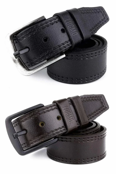 2 Adet Hakiki Deri Erkek Kemer 4,5 cm Dikiş Desenli Siyah-Kahverengi ürün görseli 1