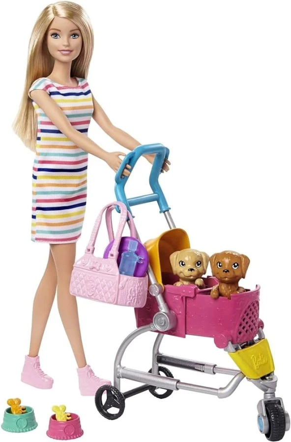 BarbieVe Köpekleri Geziyor Oyun Seti - Bebek 2 Yavru Köpeği Ve Pusetiyle GHV92