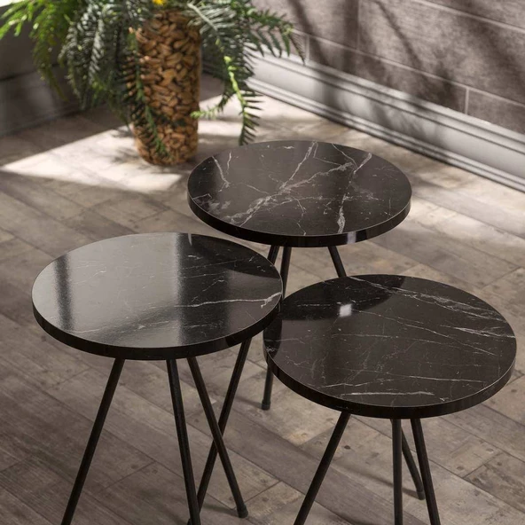 Zigon Sehpa 3 Lü Metal Ayak Siyah Mermer Desen  1018 - Resim 3