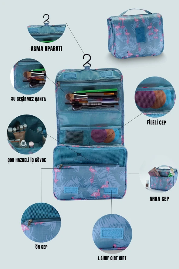 Çok Fonksiyonlu Askılı Makyaj Çantası Flamingo Desen ( Büyük Boy ) - 6