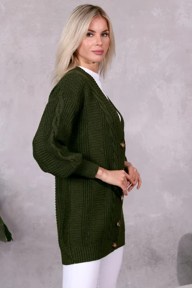 Lugmo Kadın Triko Hırka Akrilik iplik 80 cm Saç Örgülü Haki - 6