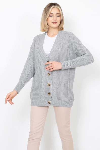 Lugmo Kadın Triko Hırka Akrilik iplik 80 cm Saç Örgülü Gri - 8